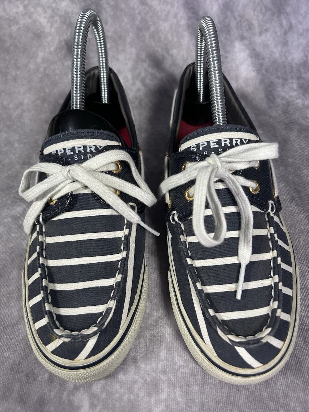 Sperry Top-Sider Women's 6 Navy White Striped Boat Shoes Canvas Lace Up Nautical